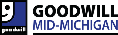 Logo with black and blue lettering and a blue smiling face, Goodwill Mid-Michigan